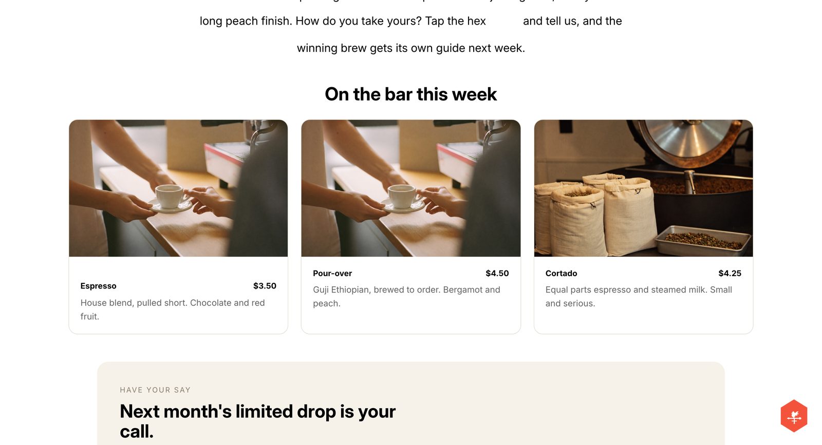 The coffee store On the bar this week menu grid on the live Shopify store, scrolled down, with the VANE it hex floating in the bottom-right corner of the browser window