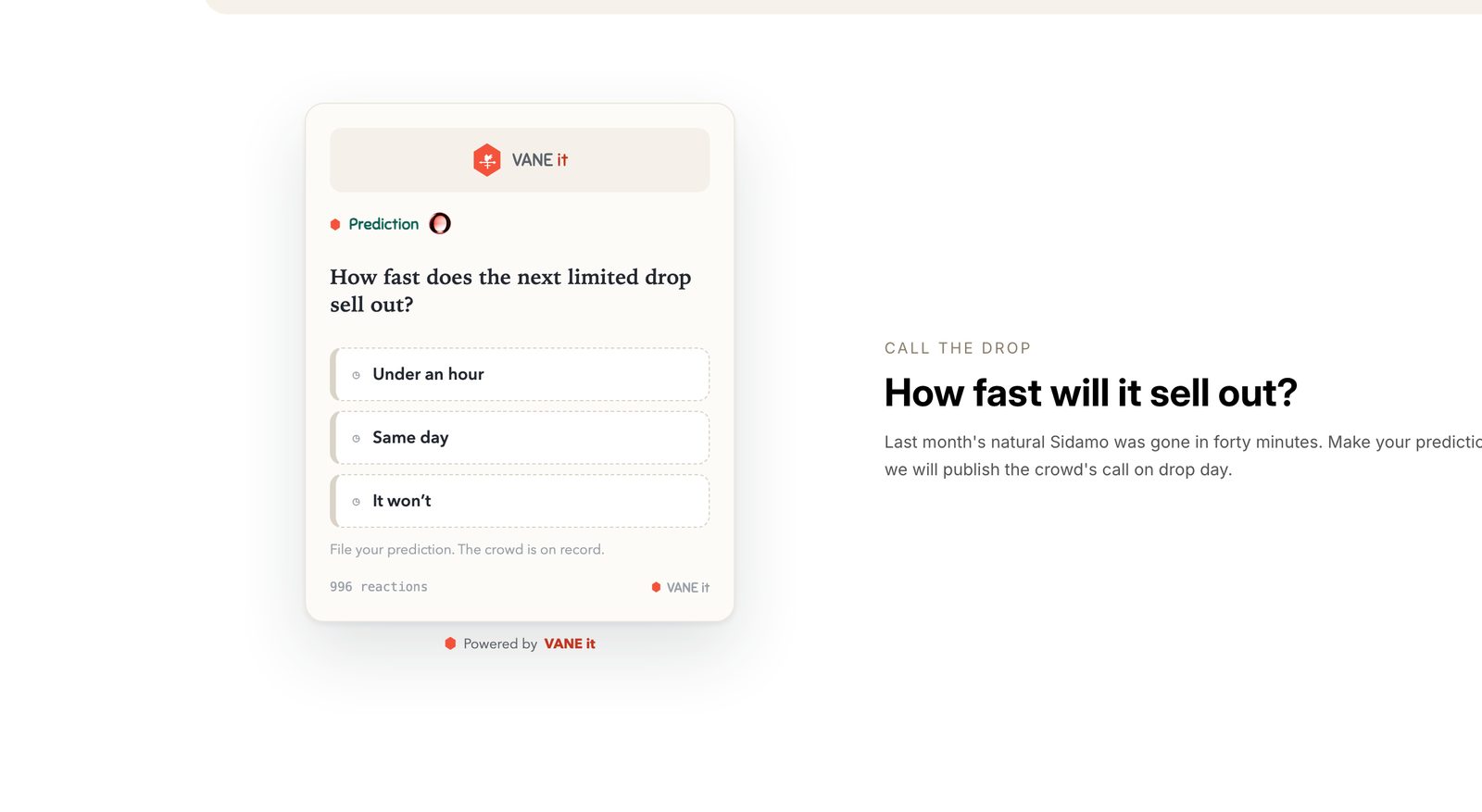 A Prediction card asking How fast does the next limited drop sell out, with three answers, rendered through an iframe on the live Shopify store next to a Call the drop heading