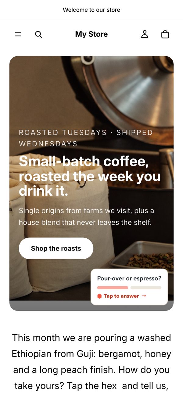 The Shopify test store on a phone: the hero photo with the Pour-over or espresso mini card pinned to its bottom-right corner