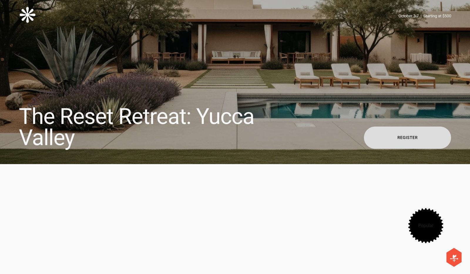 The Reset Retreat banner on the live Squarespace page with the VANE it hex floating in the bottom-right corner of the browser window