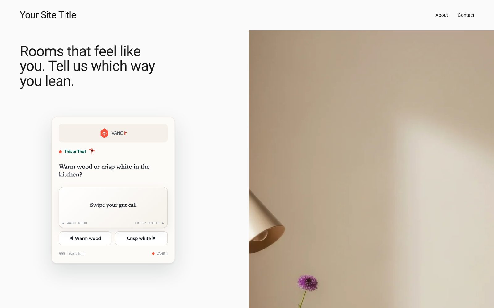 The top of our Squarespace test page: the site title, the headline Rooms that feel like you, an open This or That card under it, and the studio photo (a lamp and a flower) filling the right half