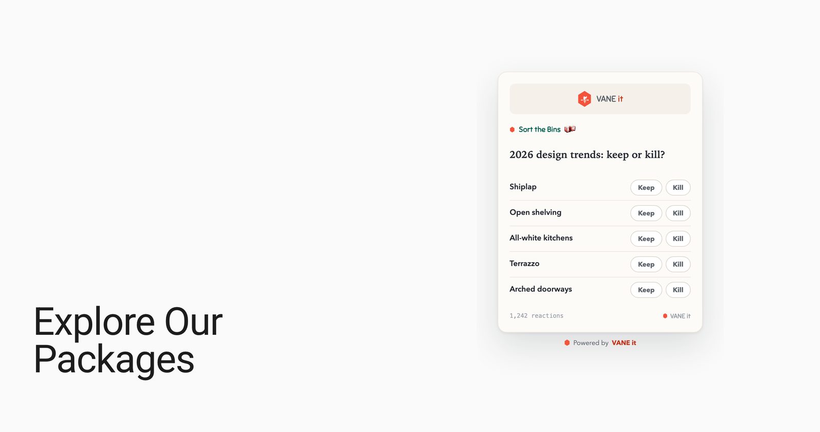 The Explore Our Packages section of the live Squarespace page with a Sort the Bins card, 2026 design trends keep or kill, in an Embed block to the right of the heading
