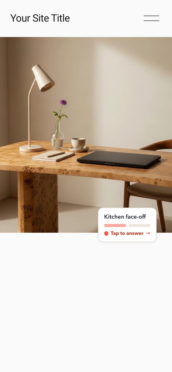 The test page on a phone: the desk photo at the top, with the Kitchen face-off mini card at its bottom-right, hanging partly off the bottom edge of the photo
