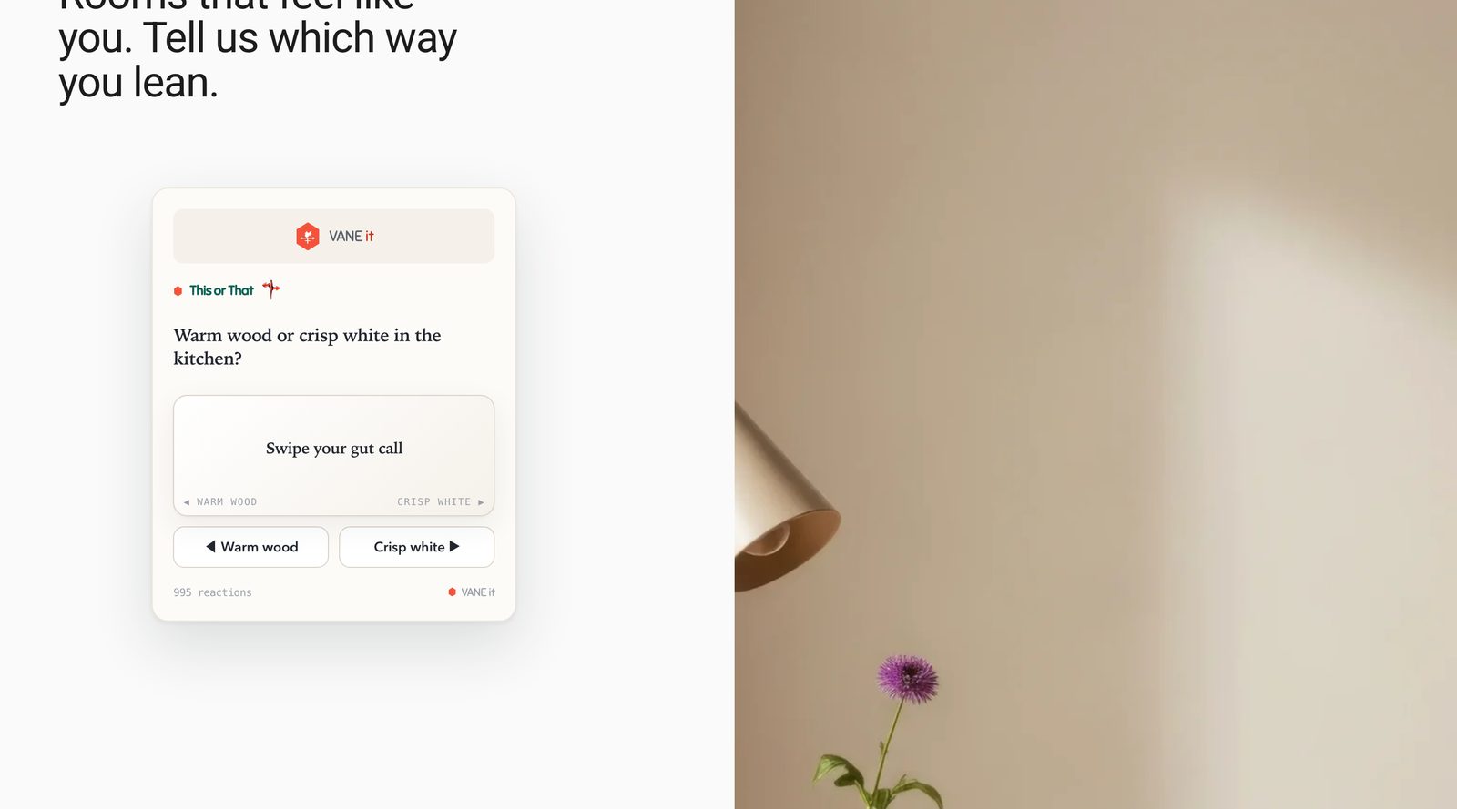 The hero of the live Squarespace page, top line cropped off: the headline ending Tell us which way you lean, an open This or That card asking Warm wood or crisp white in the kitchen beneath it, and the studio photo (a lamp and a flower) on the right