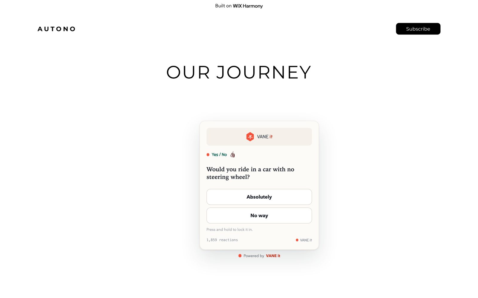 The top of the About page on the live Wix site: the Our Journey heading with an open Yes / No card, Would you ride in a car with no steering wheel, centred beneath it
