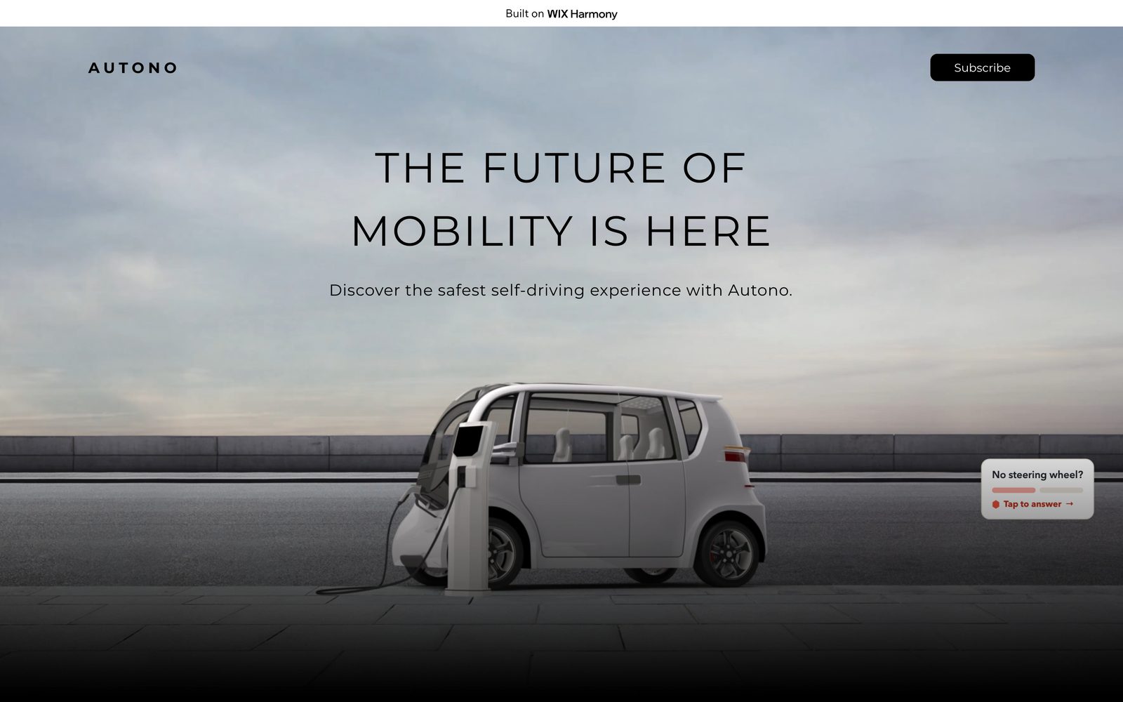 The Autono hero on the live Wix site: headline, the car photo, and a small No steering wheel mini-card trigger sitting on the right of the photo