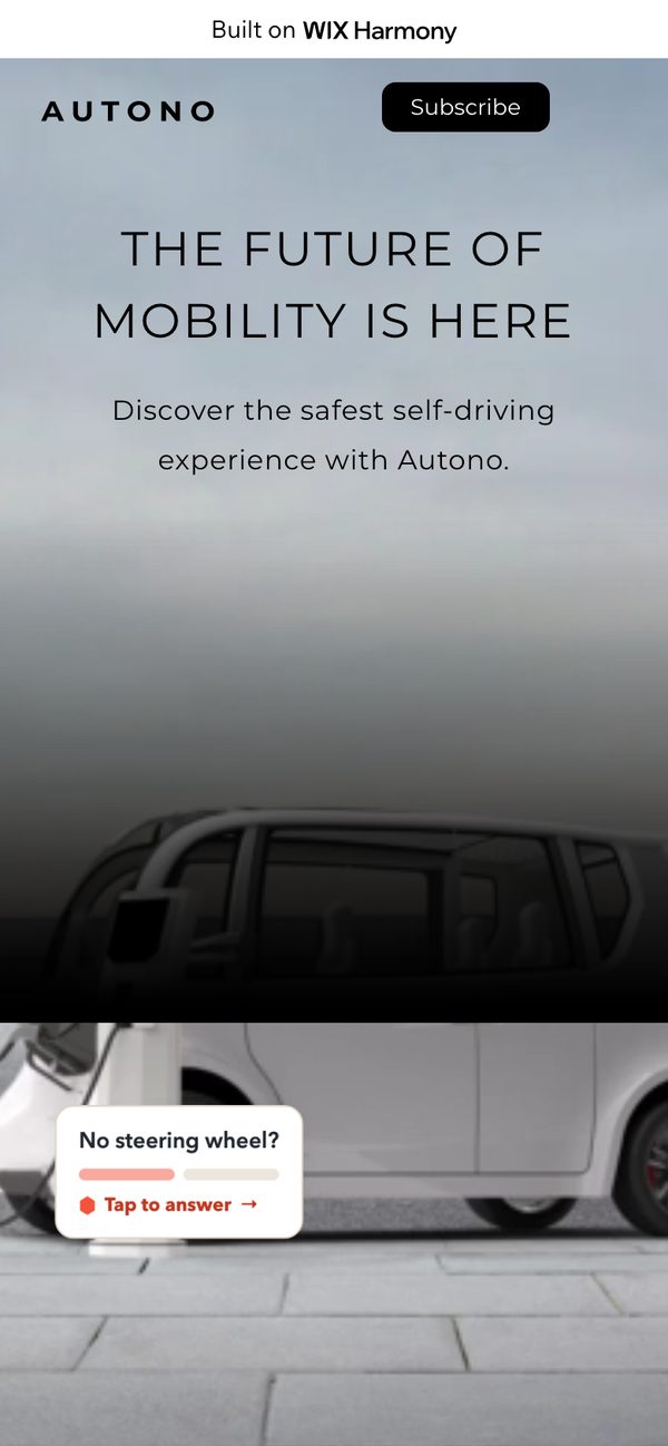 The Wix test site on a phone: hero with the No steering wheel trigger on the car photo
