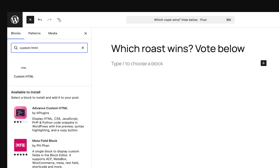 WordPress block inserter with custom html typed in the search box and the Custom HTML block showing in results