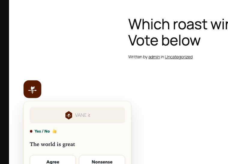 The published WordPress post with the vane card open showing the question and two answer buttons