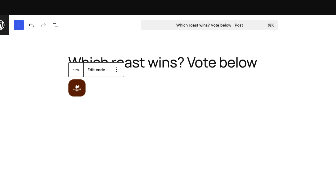 The WordPress editor showing the VANE it button rendering live inside the Custom HTML block under the post title