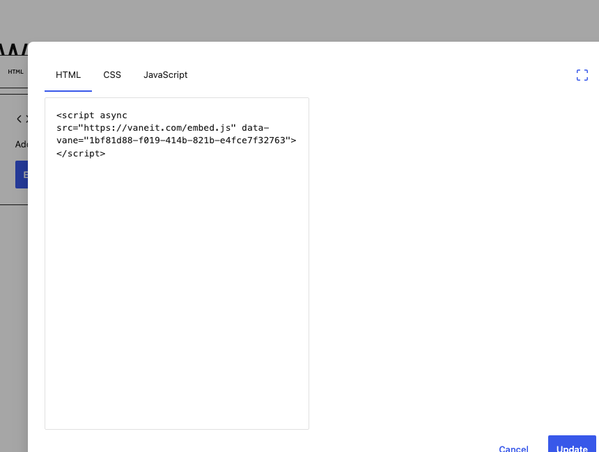 The Custom HTML editing window with the one-line VANE it snippet pasted into the HTML tab