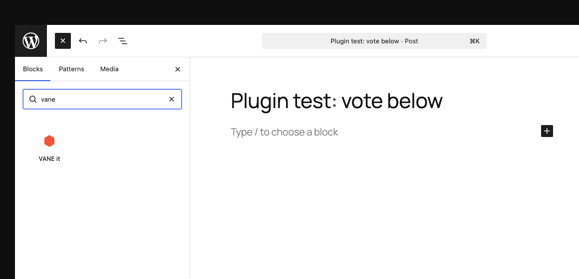 WordPress block inserter showing the VANE it block with its coral hexagon icon after searching vane